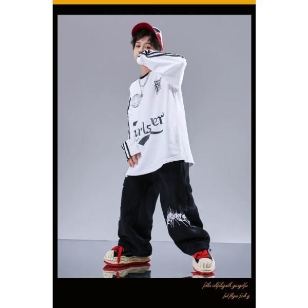 ヒップホップ 衣装 キッズダンス衣装 セットアップ 韓国 子供ダンス服 派手 白 黒 赤 K-POP hiphop 長袖Tシャツ スウェットパンツの画像