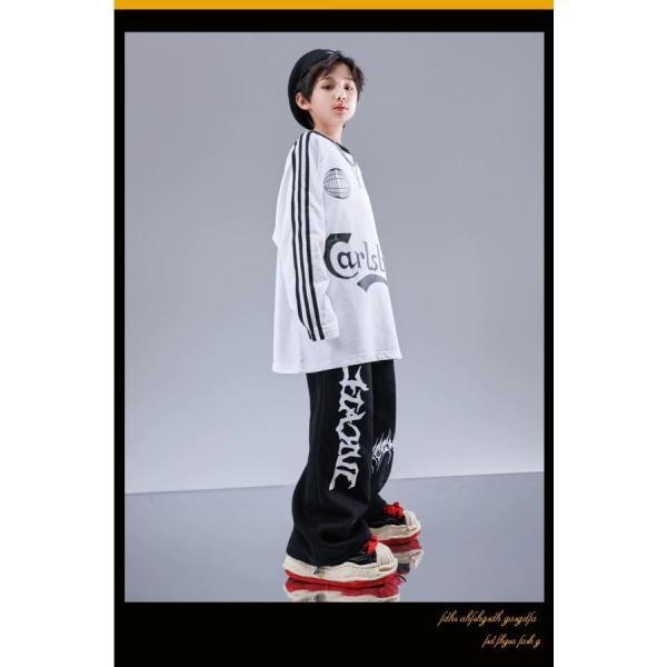 ヒップホップ 衣装 キッズダンス衣装 セットアップ 韓国 子供ダンス服 派手 白 黒 赤 K-POP hiphop 長袖Tシャツ スウェットパンツの画像