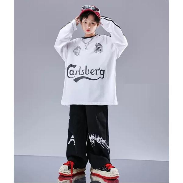 ヒップホップ 衣装 キッズダンス衣装 セットアップ 韓国 子供ダンス服 派手 白 黒 赤 K-POP hiphop 長袖Tシャツ スウェットパンツの画像