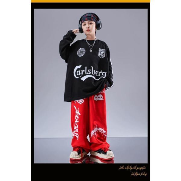 ヒップホップ 衣装 キッズダンス衣装 セットアップ 韓国 子供ダンス服 派手 白 黒 赤 K-POP hiphop 長袖Tシャツ スウェットパンツの画像