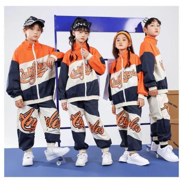 ガールズヒップホップ ダンス衣装 キッズ セットアップ 派手 へそ出しトップス ショートパンツ シースルー K-POP 韓国 オレンジ 黒 フラッグチェックの画像