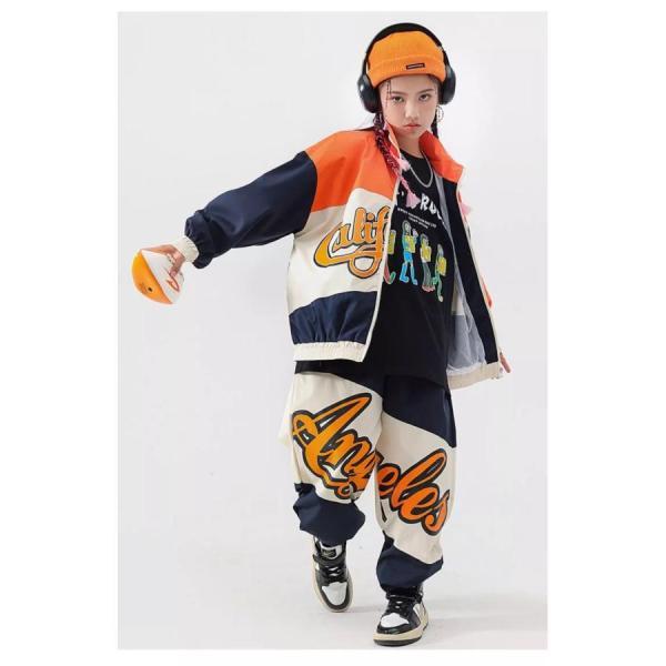 ガールズヒップホップ ダンス衣装 キッズ セットアップ 派手 へそ出しトップス ショートパンツ シースルー K-POP 韓国 オレンジ 黒 フラッグチェックの画像