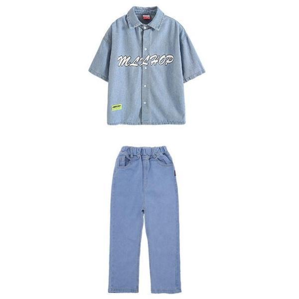 キッズダンス衣装 セットアップ ヒップホップ ダンスファッション ダンス衣装 男の子 ガールズ デニムシャツ デニムパンツ K-POP 韓国の画像