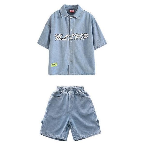 キッズダンス衣装 セットアップ ヒップホップ ダンスファッション ダンス衣装 男の子 ガールズ デニムシャツ デニムパンツ K-POP 韓国の画像