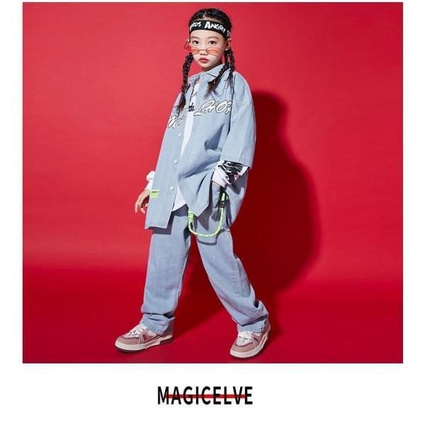 キッズダンス衣装 セットアップ ヒップホップ ダンスファッション ダンス衣装 男の子 ガールズ デニムシャツ デニムパンツ K-POP 韓国の画像