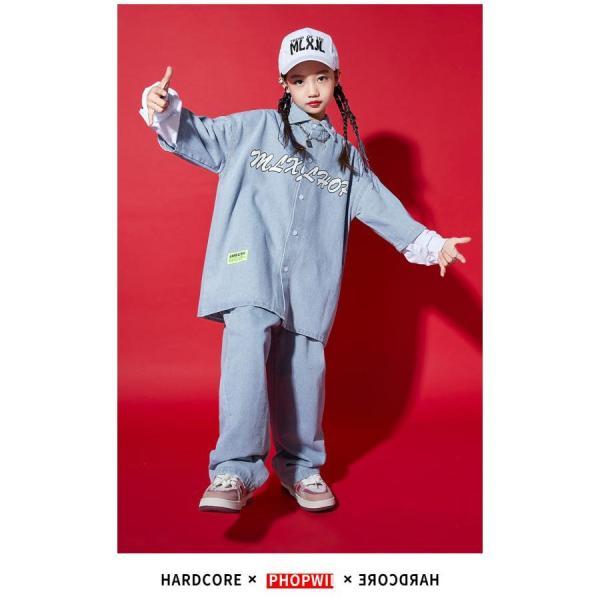 キッズダンス衣装 セットアップ ヒップホップ ダンスファッション ダンス衣装 男の子 ガールズ デニムシャツ デニムパンツ K-POP 韓国の画像