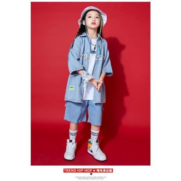 キッズダンス衣装 セットアップ ヒップホップ ダンスファッション ダンス衣装 男の子 ガールズ デニムシャツ デニムパンツ K-POP 韓国の画像