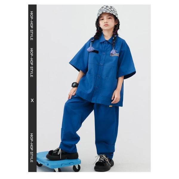 キッズダンス衣装 セットアップ ヒップホップ ファッション 派手 シャツ パンツ ワークシャツ K-POP 韓国 ミリタリー 青の画像