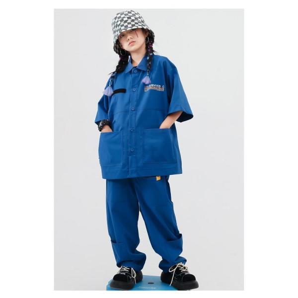 キッズダンス衣装 セットアップ ヒップホップ ファッション 派手 シャツ パンツ ワークシャツ K-POP 韓国 ミリタリー 青の画像
