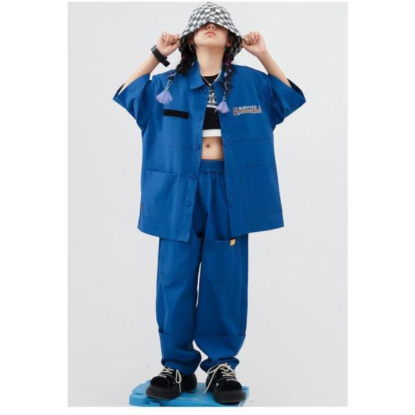 キッズダンス衣装 セットアップ ヒップホップ ファッション 派手 シャツ パンツ ワークシャツ K-POP 韓国 ミリタリー 青の画像