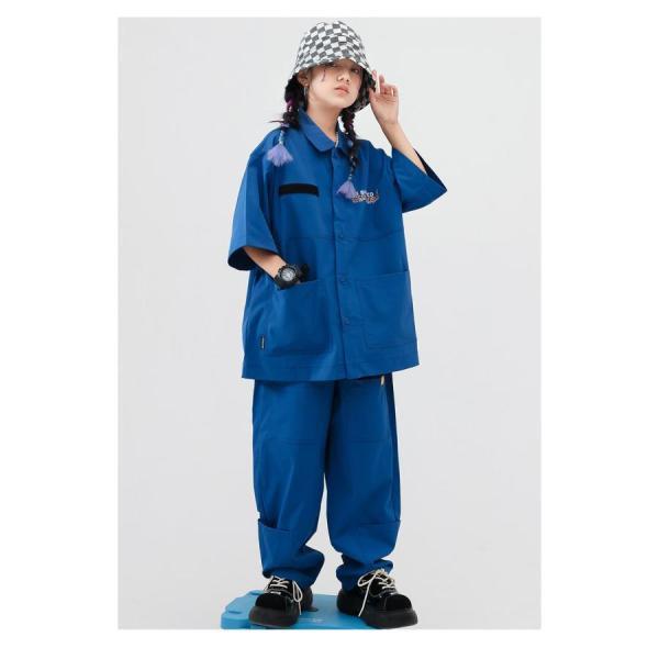 キッズダンス衣装 セットアップ ヒップホップ ファッション 派手 シャツ パンツ ワークシャツ K-POP 韓国 ミリタリー 青の画像