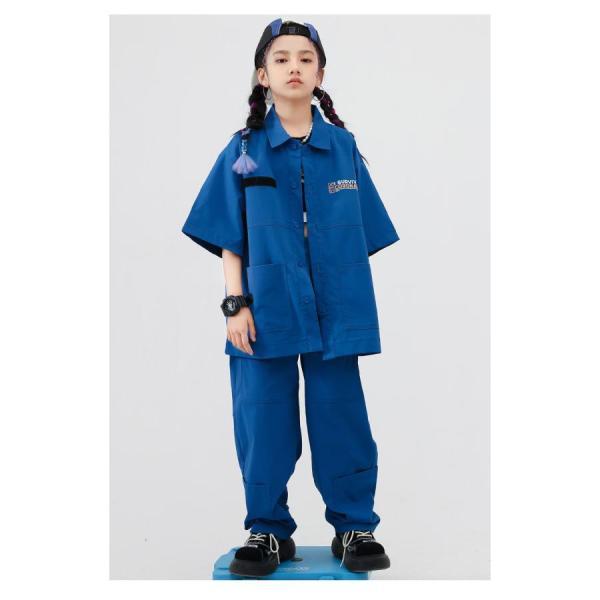 キッズダンス衣装 セットアップ ヒップホップ ファッション 派手 シャツ パンツ ワークシャツ K-POP 韓国 ミリタリー 青の画像