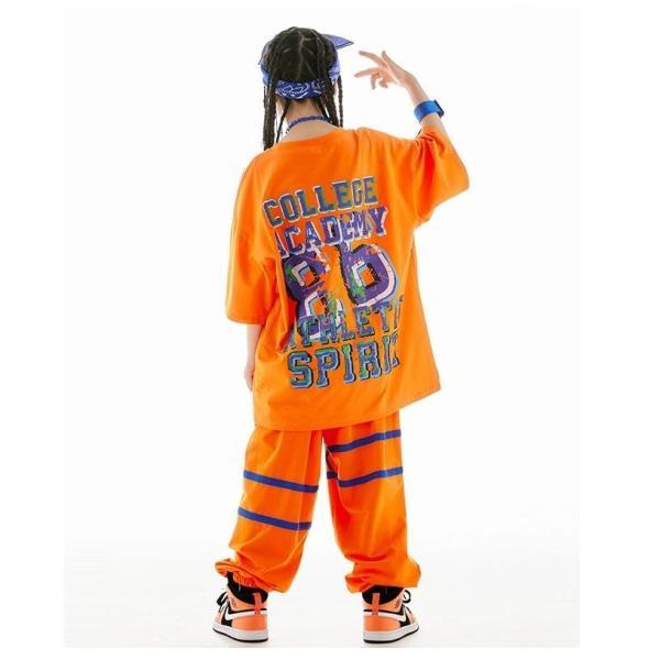 ヒップホップ 衣装 キッズダンス衣装 セットアップ 韓国 子供ダンス服 派手 オレンジ K-POP hiphop 男の子 ガールズ ダンス衣装 キッズ Tシャツ パンツの画像
