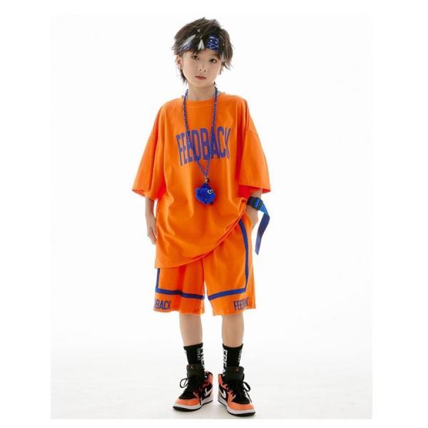 ヒップホップ 衣装 キッズダンス衣装 セットアップ 韓国 子供ダンス服 派手 オレンジ K-POP hiphop 男の子 ガールズ ダンス衣装 キッズ Tシャツ パンツの画像
