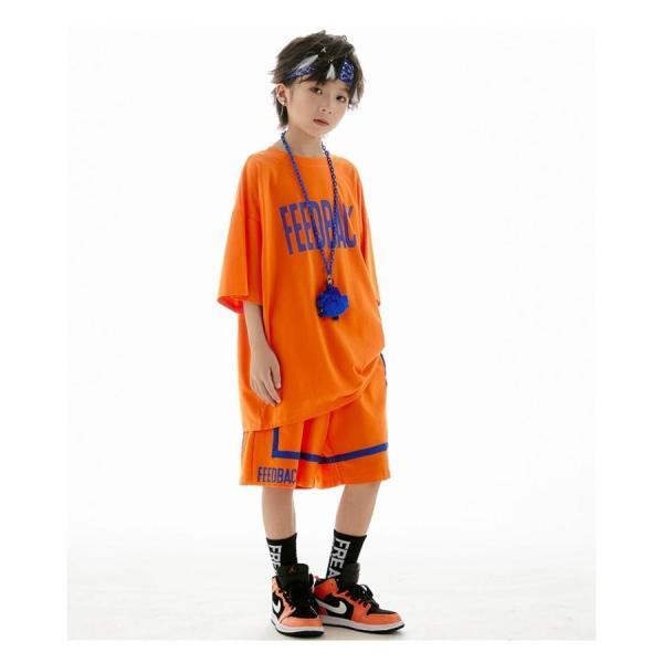 ヒップホップ 衣装 キッズダンス衣装 セットアップ 韓国 子供ダンス服 派手 オレンジ K-POP hiphop 男の子 ガールズ ダンス衣装 キッズ Tシャツ パンツの画像