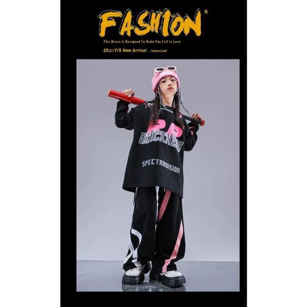 ヒップホップ 衣装 キッズダンス衣装 セットアップ 韓国 子供ダンス服 派手 黒 ピンク K-POP hiphop トップス パンツの画像