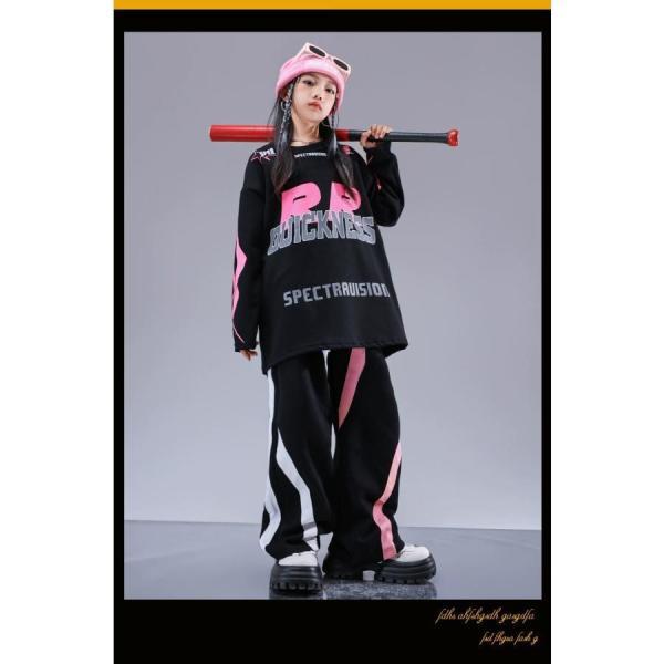 ヒップホップ 衣装 キッズダンス衣装 セットアップ 韓国 子供ダンス服 派手 黒 ピンク K-POP hiphop トップス パンツの画像