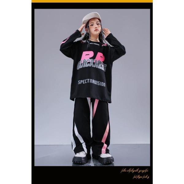 ヒップホップ 衣装 キッズダンス衣装 セットアップ 韓国 子供ダンス服 派手 黒 ピンク K-POP hiphop トップス パンツの画像