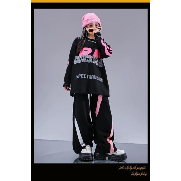 ヒップホップ 衣装 キッズダンス衣装 セットアップ 韓国 子供ダンス服 派手 黒 ピンク K-POP hiphop トップス パンツの画像