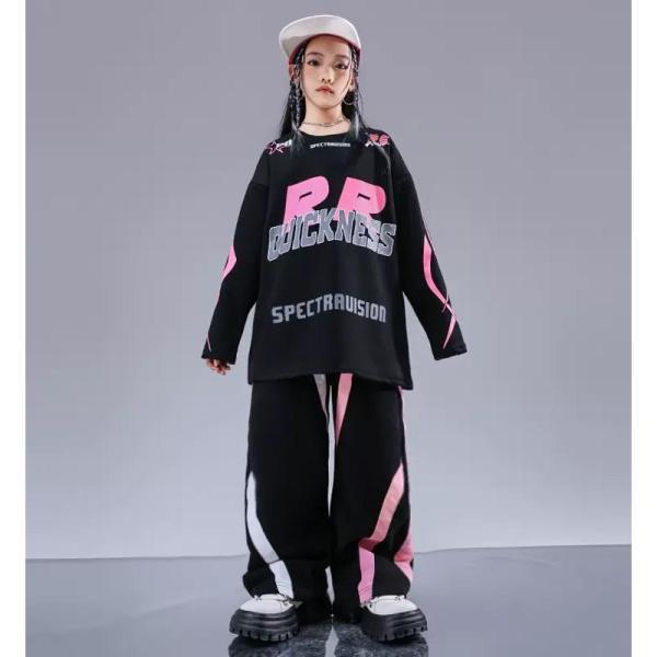 ヒップホップ 衣装 キッズダンス衣装 セットアップ 韓国 子供ダンス服 派手 黒 ピンク K-POP hiphop トップス パンツの画像