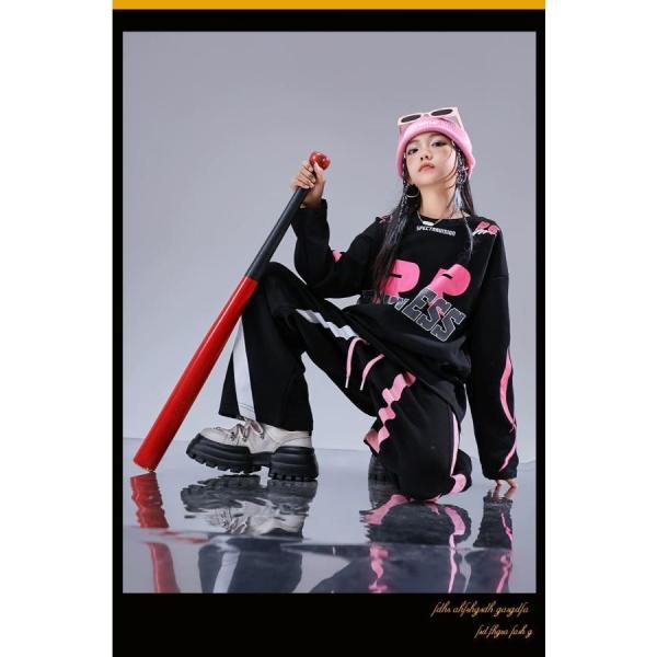ヒップホップ 衣装 キッズダンス衣装 セットアップ 韓国 子供ダンス服 派手 黒 ピンク K-POP hiphop トップス パンツの画像