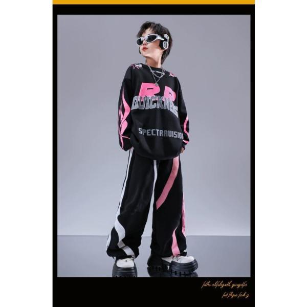 ヒップホップ 衣装 キッズダンス衣装 セットアップ 韓国 子供ダンス服 派手 黒 ピンク K-POP hiphop トップス パンツの画像