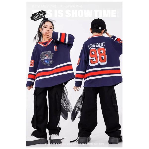 ヒップホップ 衣装 キッズダンス衣装 セットアップ プルオーバー 紺 黒 hiphop K-POP 韓国 子供ダンス服 ダンスウェア 派手の画像