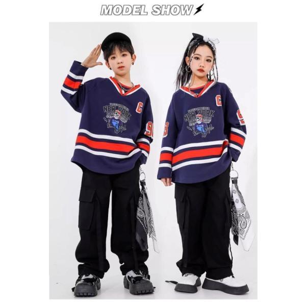 ヒップホップ 衣装 キッズダンス衣装 セットアップ プルオーバー 紺 黒 hiphop K-POP 韓国 子供ダンス服 ダンスウェア 派手の画像