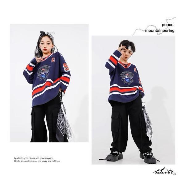 ヒップホップ 衣装 キッズダンス衣装 セットアップ プルオーバー 紺 黒 hiphop K-POP 韓国 子供ダンス服 ダンスウェア 派手の画像