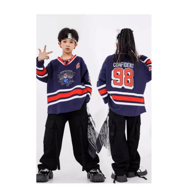ヒップホップ 衣装 キッズダンス衣装 セットアップ プルオーバー 紺 黒 hiphop K-POP 韓国 子供ダンス服 ダンスウェア 派手の画像