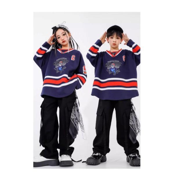 ヒップホップ 衣装 キッズダンス衣装 セットアップ プルオーバー 紺 黒 hiphop K-POP 韓国 子供ダンス服 ダンスウェア 派手の画像