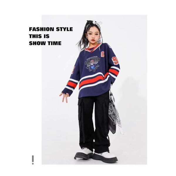 ヒップホップ 衣装 キッズダンス衣装 セットアップ プルオーバー 紺 黒 hiphop K-POP 韓国 子供ダンス服 ダンスウェア 派手の画像