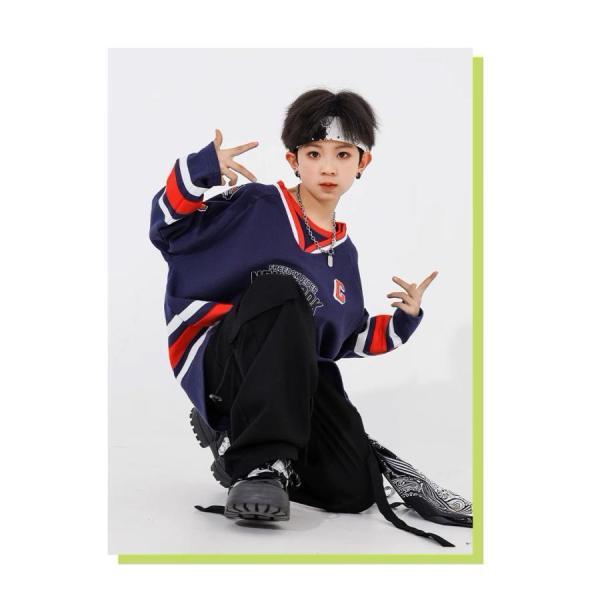 ヒップホップ 衣装 キッズダンス衣装 セットアップ プルオーバー 紺 黒 hiphop K-POP 韓国 子供ダンス服 ダンスウェア 派手の画像