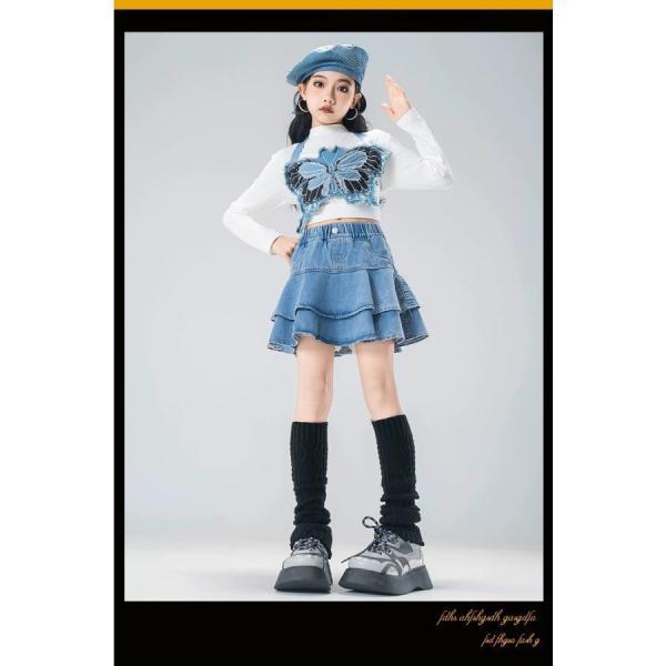 ダンス衣装 セットアップ ガールズ ヒップホップ ファッション K-POP 韓国 ダンスウェア ビスチェ ベスト デニムパンツ 白 デニム_1
