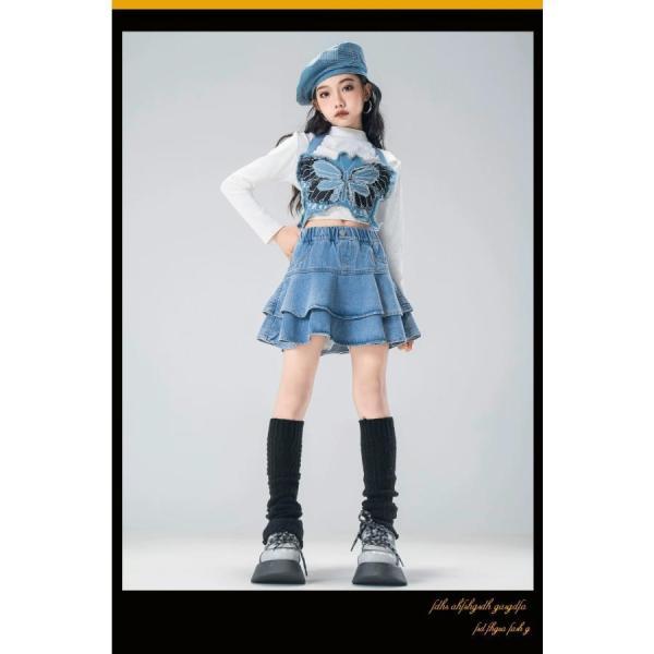 ダンス衣装 セットアップ ガールズ ヒップホップ ファッション K-POP 韓国 ダンスウェア ビスチェ ベスト デニムパンツ 白 デニム_2