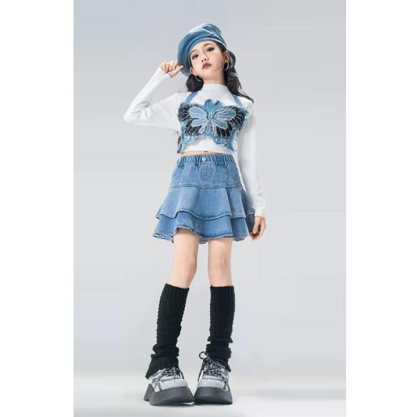 ダンス衣装 セットアップ ガールズ ヒップホップ ファッション K-POP 韓国 ダンスウェア ビスチェ ベスト デニムパンツ 白 デニム_3