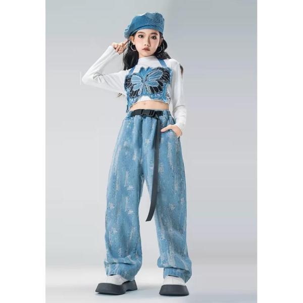 ダンス衣装 セットアップ ガールズ ヒップホップ ファッション K-POP 韓国 ダンスウェア ビスチェ ベスト デニムパンツ 白 デニム_6