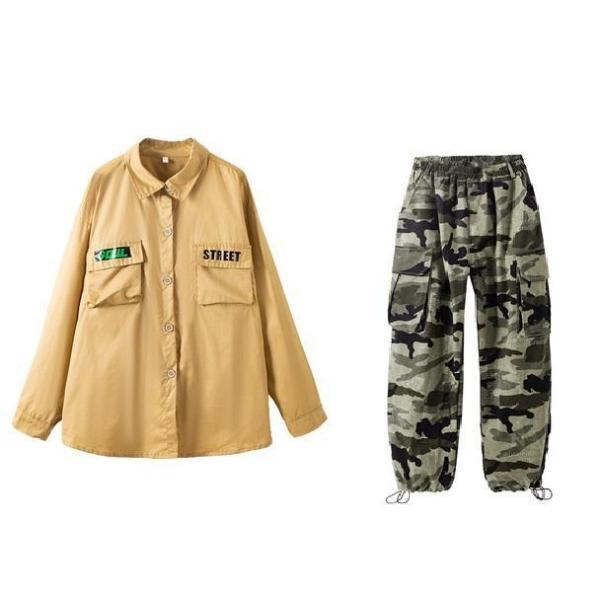 キッズダンス衣装 セットアップ ヒップホップ ファッション ミリタリー シャツ 迷彩パンツ カモフラージュ ベージュの画像