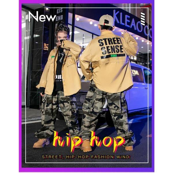 キッズダンス衣装 セットアップ ヒップホップ ファッション ミリタリー シャツ 迷彩パンツ カモフラージュ ベージュの画像