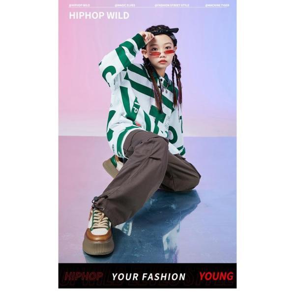 キッズダンス衣装 セットアップ ヒップホップ ファッション 派手 総柄 トップス パンツ K-POP 韓国 白 黒 赤 緑 カーキの画像