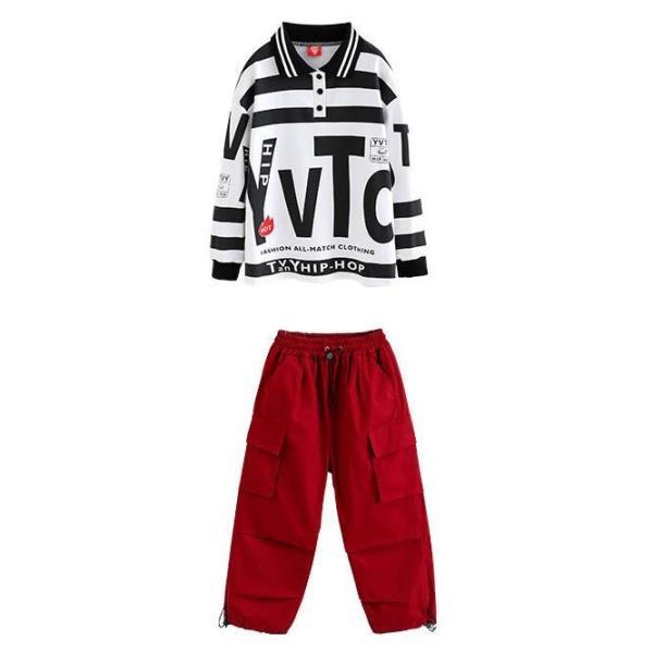 キッズダンス衣装 セットアップ ヒップホップ ファッション 派手 総柄 トップス パンツ K-POP 韓国 白 黒 赤 緑 カーキの画像