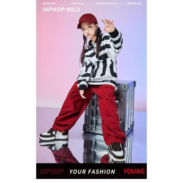 キッズダンス衣装 セットアップ ヒップホップ ファッション 派手 総柄 トップス パンツ K-POP 韓国 白 黒 赤 緑 カーキの画像