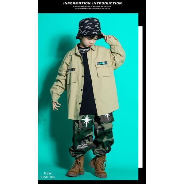 キッズダンス衣装 セットアップ ヒップホップ ファッション ミリタリー シャツ 迷彩パンツ カモフラージュ 緑 ベージュの画像
