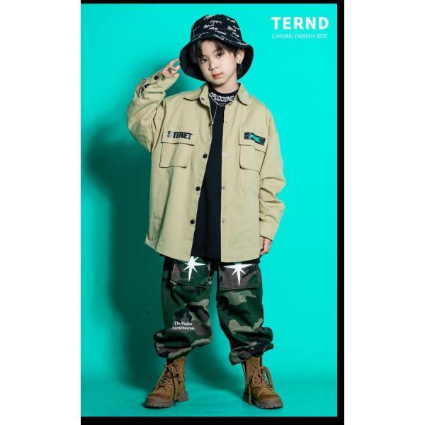 キッズダンス衣装 セットアップ ヒップホップ ファッション ミリタリー シャツ 迷彩パンツ カモフラージュ 緑 ベージュの画像