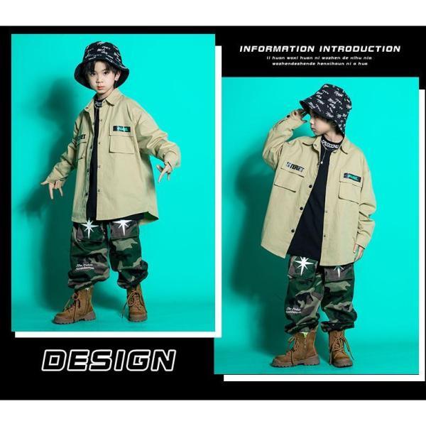 キッズダンス衣装 セットアップ ヒップホップ ファッション ミリタリー シャツ 迷彩パンツ カモフラージュ 緑 ベージュの画像