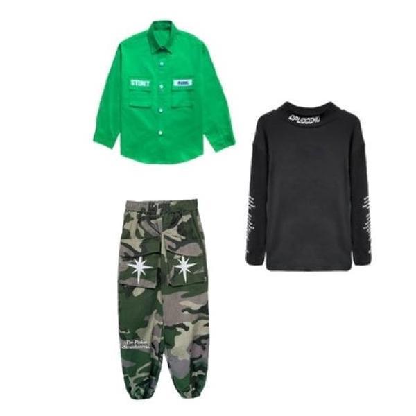 キッズダンス衣装 セットアップ ヒップホップ ファッション ミリタリー シャツ 迷彩パンツ カモフラージュ 緑 ベージュの画像