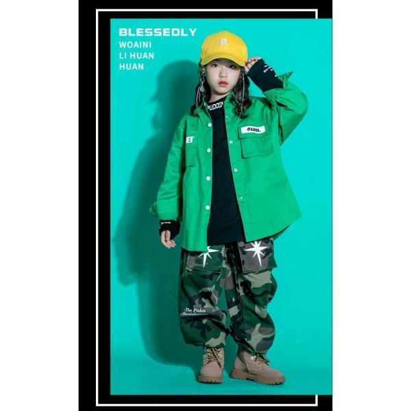 キッズダンス衣装 セットアップ ヒップホップ ファッション ミリタリー シャツ 迷彩パンツ カモフラージュ 緑 ベージュの画像