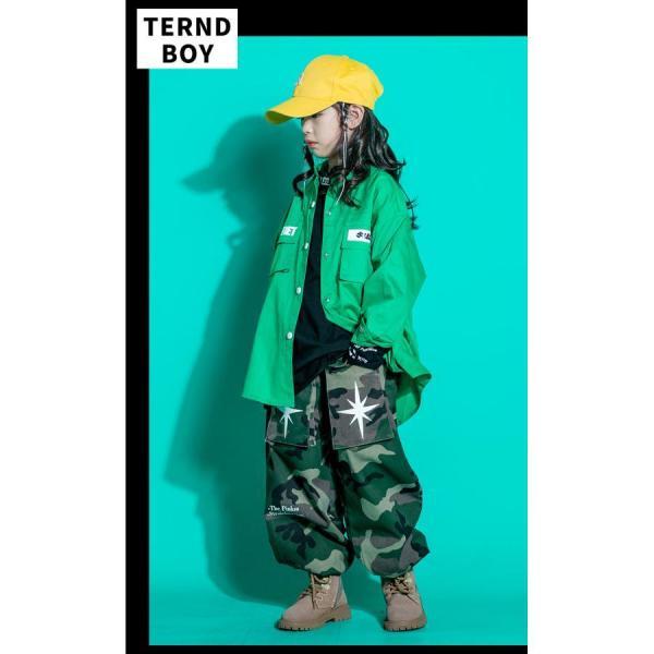 キッズダンス衣装 セットアップ ヒップホップ ファッション ミリタリー シャツ 迷彩パンツ カモフラージュ 緑 ベージュの画像