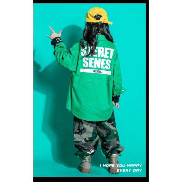 キッズダンス衣装 セットアップ ヒップホップ ファッション ミリタリー シャツ 迷彩パンツ カモフラージュ 緑 ベージュの画像