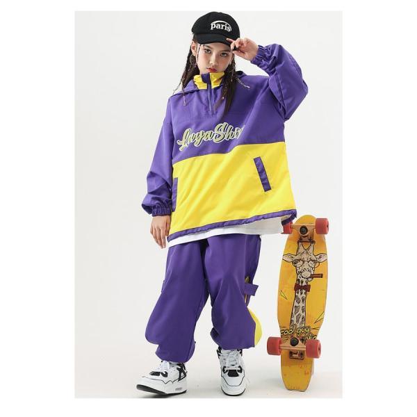 ウィンドブレーカー ダンス衣装 キッズ ヒップホップ セットアップ ジャージ 上下 トップス ズボン K-POP 韓国 紫 黄色の画像
